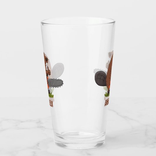 Funny beaver met kettingzaag cartoon humor glas (Links)