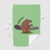 Funny beaver met kettingzaag cartoon humor golfhanddoek (Insitu)