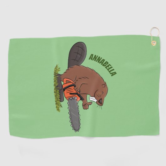Funny beaver met kettingzaag cartoon humor golfhanddoek (Horizontaal)