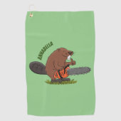 Funny beaver met kettingzaag cartoon humor golfhanddoek (Voorkant)