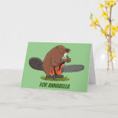 Funny beaver met kettingzaag cartoon humor kaart (Gele Bloem)