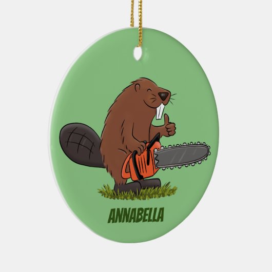 Funny beaver met kettingzaag cartoon humor keramisch ornament (Rechts)