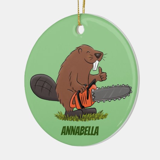 Funny beaver met kettingzaag cartoon humor keramisch ornament (Links)