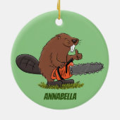Funny beaver met kettingzaag cartoon humor keramisch ornament (Achterkant)