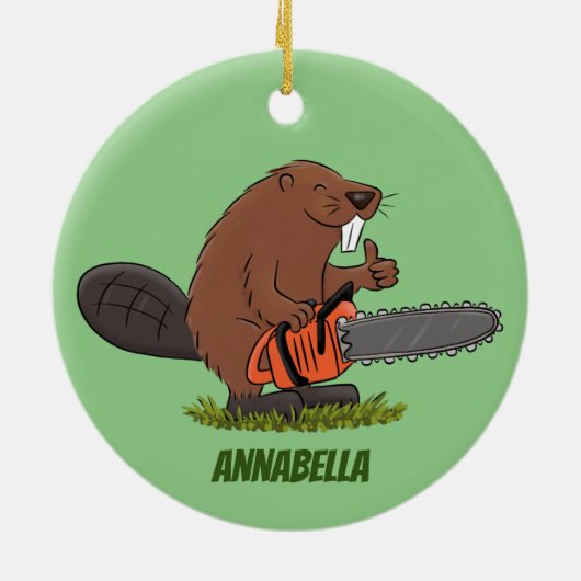 Funny beaver met kettingzaag cartoon humor keramisch ornament (Achterkant)