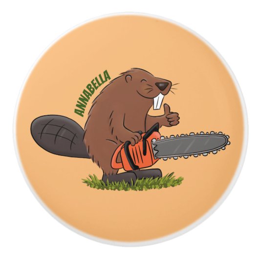 Funny beaver met kettingzaag cartoon humor keramische knop (Voorkant)