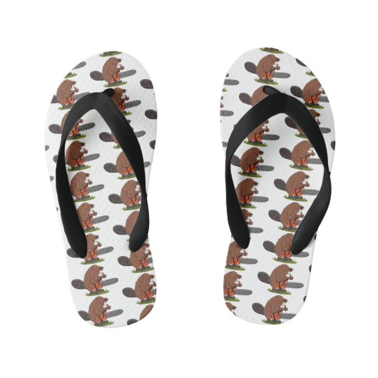 Funny beaver met kettingzaag cartoon humor kinder teenslippers (Voetbed)