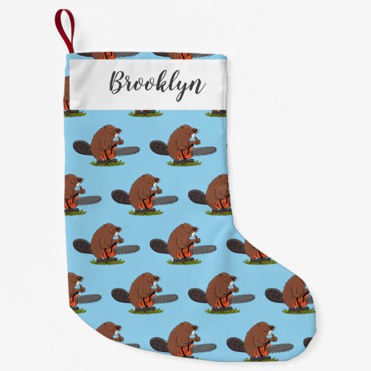 Funny beaver met kettingzaag cartoon humor kleine kerstsok (Voorkant)