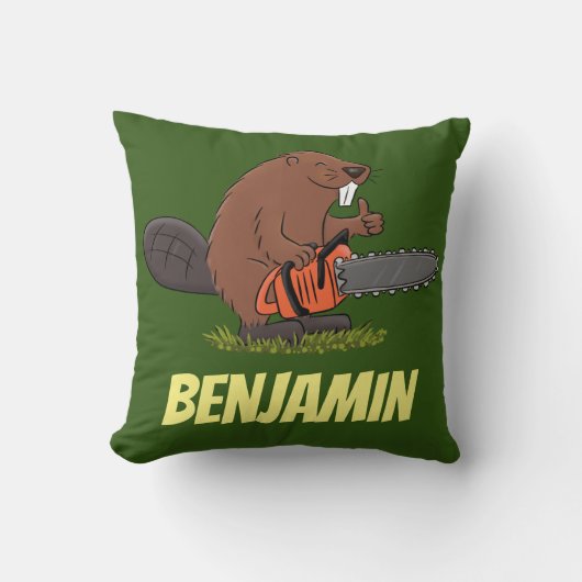 Funny beaver met kettingzaag cartoon humor kussen (Voorkant)
