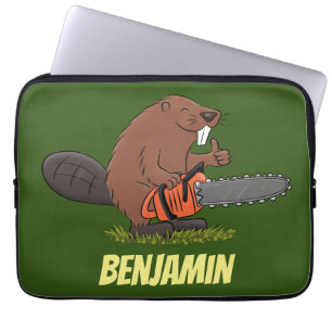 Funny beaver met kettingzaag cartoon humor laptop sleeve
