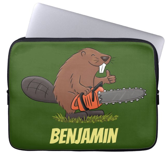 Funny beaver met kettingzaag cartoon humor laptop sleeve (Voorkant)