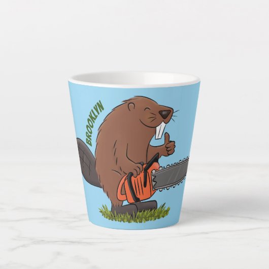 Funny beaver met kettingzaag cartoon humor latte mok (Voorkant)