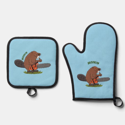 Funny beaver met kettingzaag cartoon humor ovenwant & pannenlap set (Voorkant)