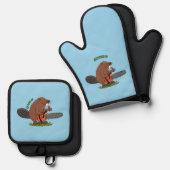 Funny beaver met kettingzaag cartoon humor ovenwant & pannenlap set (Voorkant / Achterkant)