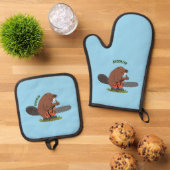 Funny beaver met kettingzaag cartoon humor ovenwant & pannenlap set (Top down)