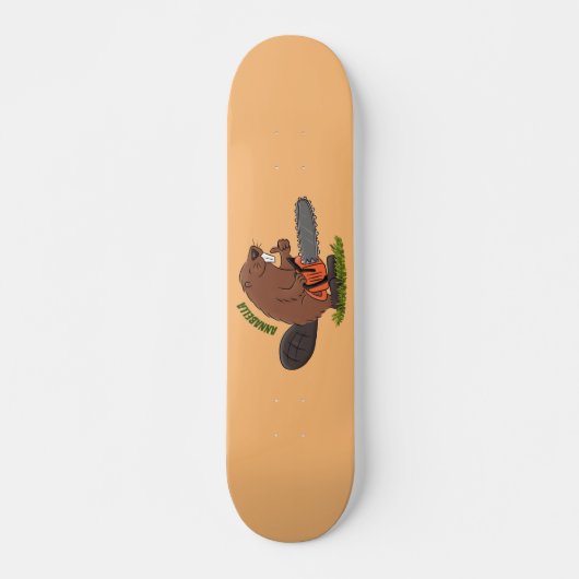 Funny beaver met kettingzaag cartoon humor persoonlijk skateboard (Voorkant)