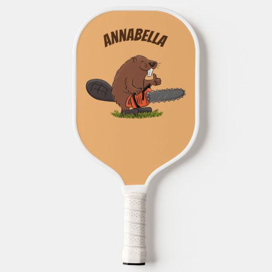 Funny beaver met kettingzaag cartoon humor pickleball paddle (Achterkant)
