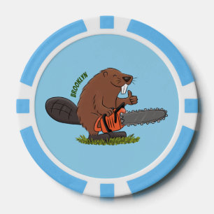 Funny beaver met kettingzaag cartoon humor poker chips