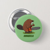 Funny beaver met kettingzaag cartoon humor ronde button 5,7 cm (Voorkant /achterkant)