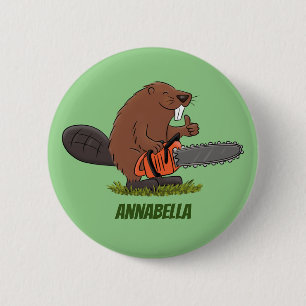 Funny beaver met kettingzaag cartoon humor ronde button 5,7 cm