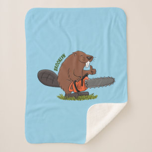Funny beaver met kettingzaag cartoon humor sherpa deken