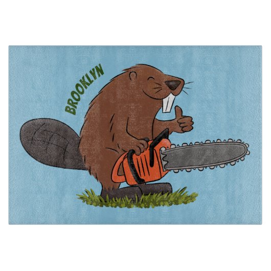 Funny beaver met kettingzaag cartoon humor snijplank (Voorkant)