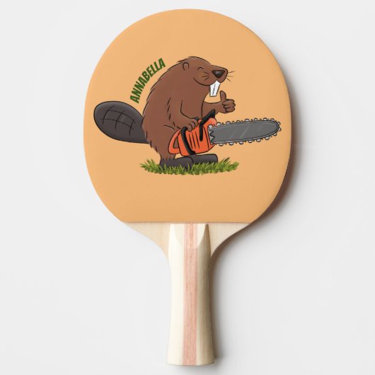 Funny beaver met kettingzaag cartoon humor tafeltennisbatje (Voorkant)