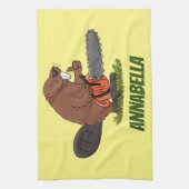 Funny beaver met kettingzaag cartoon humor theedoek (Verticaal)