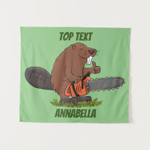 Funny beaver met kettingzaag cartoon humor wandkleed