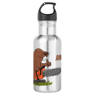 Funny beaver met kettingzaag cartoon humor waterfles