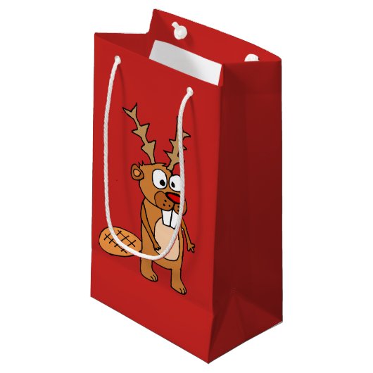 Funny Beaver met Reindeer Antlers kerstkunst Klein Cadeauzakje (Voorkant Gekanteld)