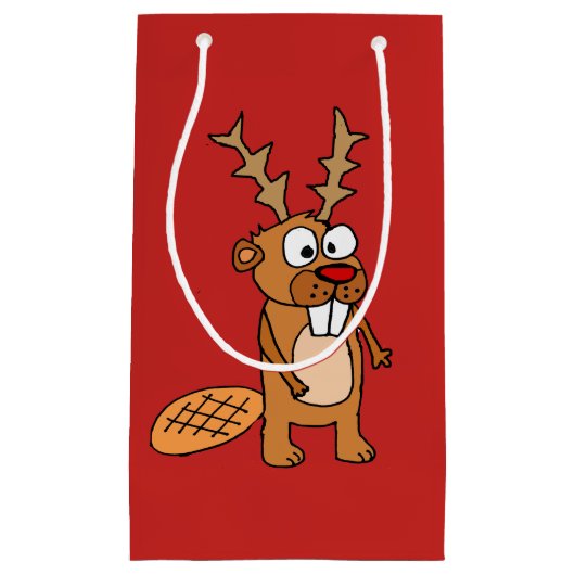 Funny Beaver met Reindeer Antlers kerstkunst Klein Cadeauzakje (Voorkant)