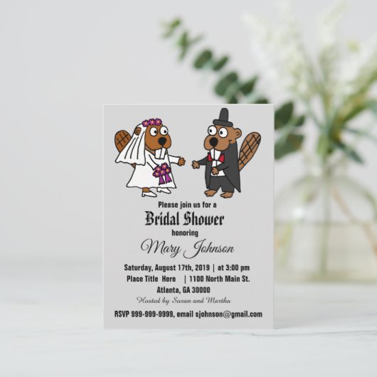 Funny Beaver Wedding Cartoon Uitnodiging Briefkaart (Staand voorkant)