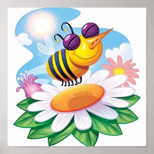 FUnny Bee Cartoon op Daisy Poster (Voorkant)