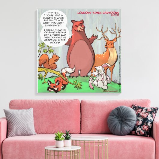 Funny Beer in Bossen Climate Change Cartoon Canvas Afdruk (Insitu (Woonkamer))