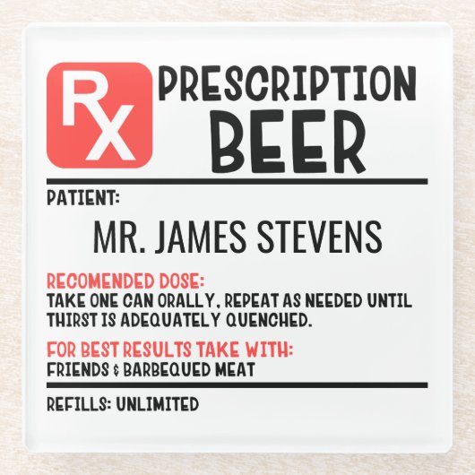Funny Beer Prescription Persoonlijke naam Glazen Onderzetter (Voorkant)
