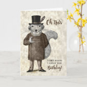 Funny Belated Birthday Squirrel in een Suit en Pet Kaart (Gele Bloem)