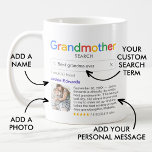 Funny Best Grandma Ever Search Results with Photo Koffiemok<br><div class="desc">Grappig moedje voor grootmoeders met een 'Grandma search'-logo en één zoekresultaat voor 'Best oma ever', met de naam van je oma, een foto, je persoonlijke boodschap en een 5-sterrenrating. Als je hulp nodig hebt bij het aanpassen van deze gegevens, kun je me een bericht sturen met de onderstaande button en...</div>