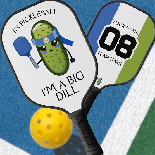 Funny Big Dill Team Name Number Blue White & Green Pickleball Paddle