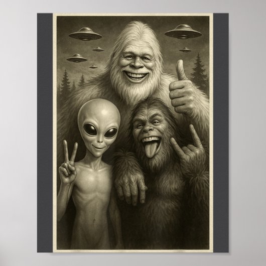 Funny Bigfoot, Alien, &amp; Yeti Sasquatch Rock On Poster (Voorkant)