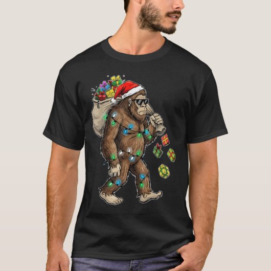 Funny Bigfoot Christmas Tree Lights Xmas Boys Mens T-shirt (Voorkant)