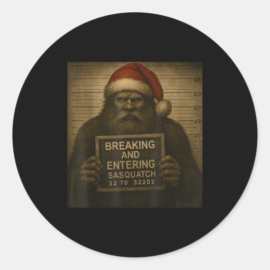 Funny Bigfoot Christmas – Xmas Sasquatch Mugshot Ronde Sticker (Voorkant)