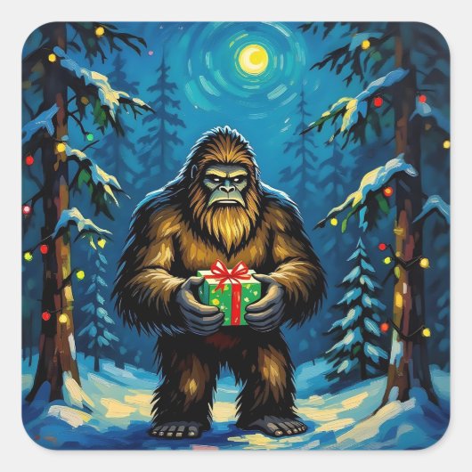 Funny Bigfoot holding a Christmas Gift Vierkante Sticker (Voorkant)