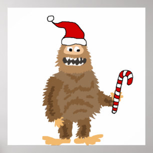 Funny Bigfoot in Santa hat Kerstmis Cartoon Poster