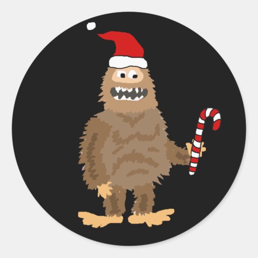 Funny Bigfoot in Santa hat Kerstmis Cartoon Ronde Sticker (Voorkant)