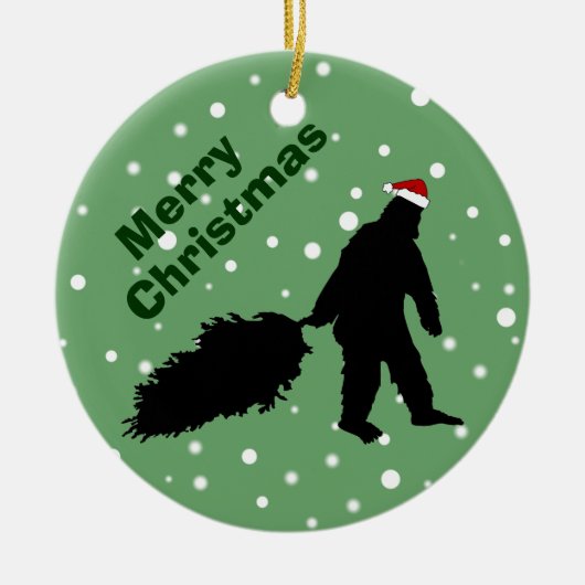 Funny Bigfoot Pulling kerstboomversiering Keramisch Ornament (Voorkant)