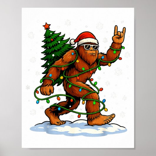 Funny Bigfoot Rock On Christmas Lights Snow Holida Poster (Voorkant)