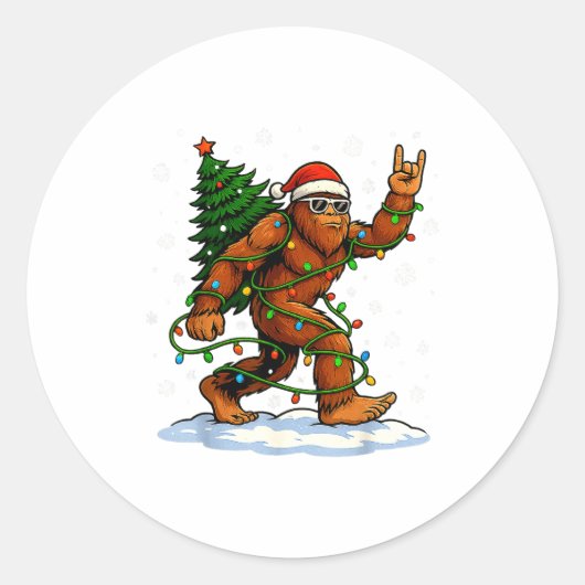 Funny Bigfoot Rock On Christmas Lights Snow Holida Ronde Sticker (Voorkant)
