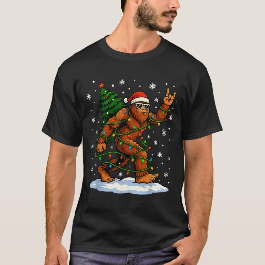 Funny Bigfoot Rock On Christmas Lights Snow Holida T-shirt (Voorkant)