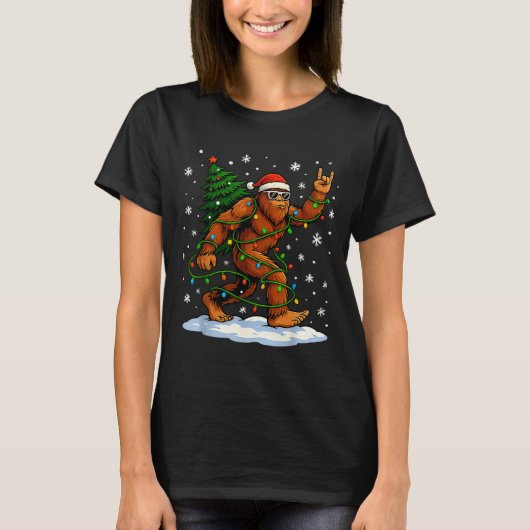 Funny Bigfoot Rock On Christmas Lights Snow Holida T-shirt (Voorkant)